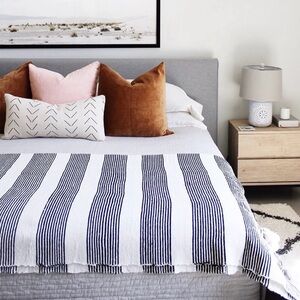 Large Moroccan Black & White Stripe Pom Blanket